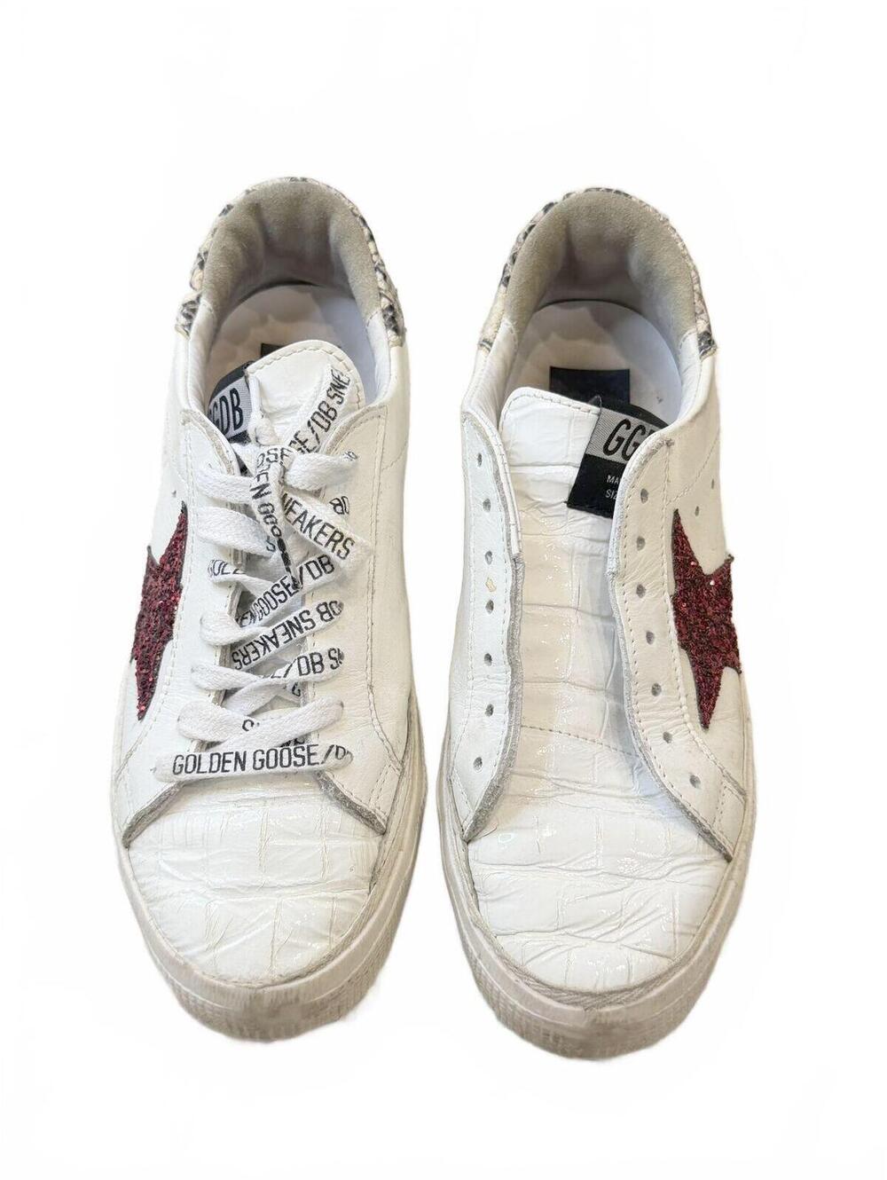 Golden Goose May White Croc-Embossed Sneakers Red Glitter Star Snake Print Sz 7 - Picture 11 of 13